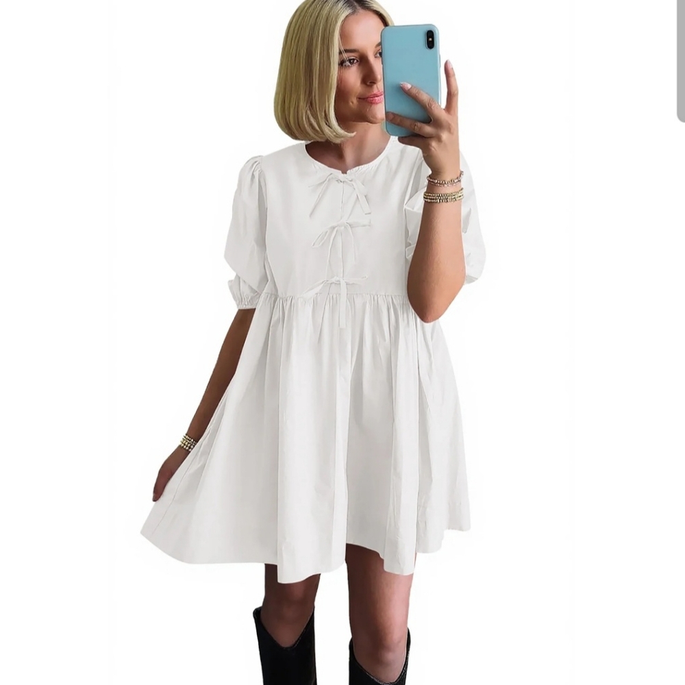 Pretty Garden White‎ Babydoll Puff Sleeves Dress w Pockets Size M NWT